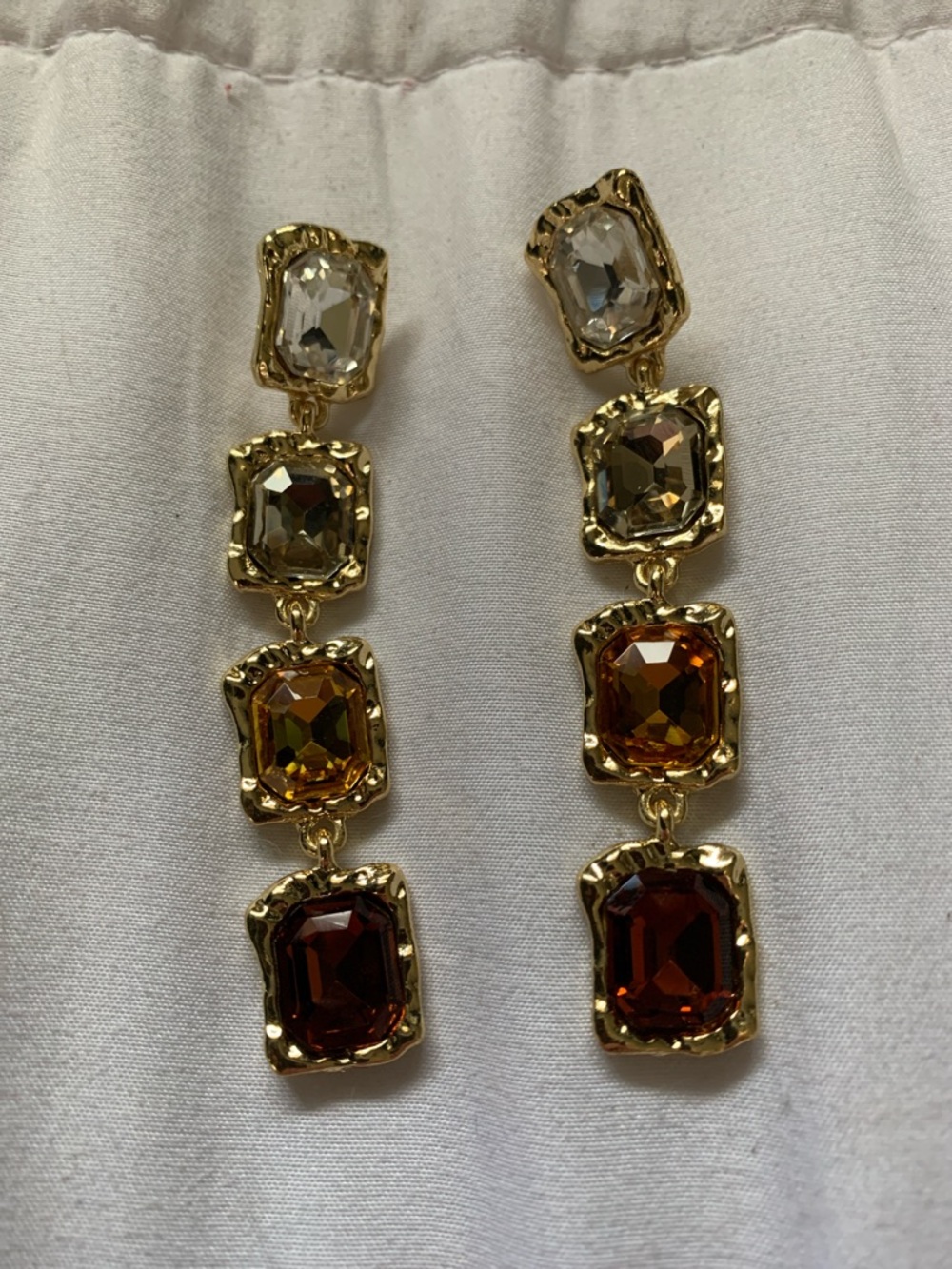 Gold Drop Earrings with Clear, Amber and Deep Amber Stones -